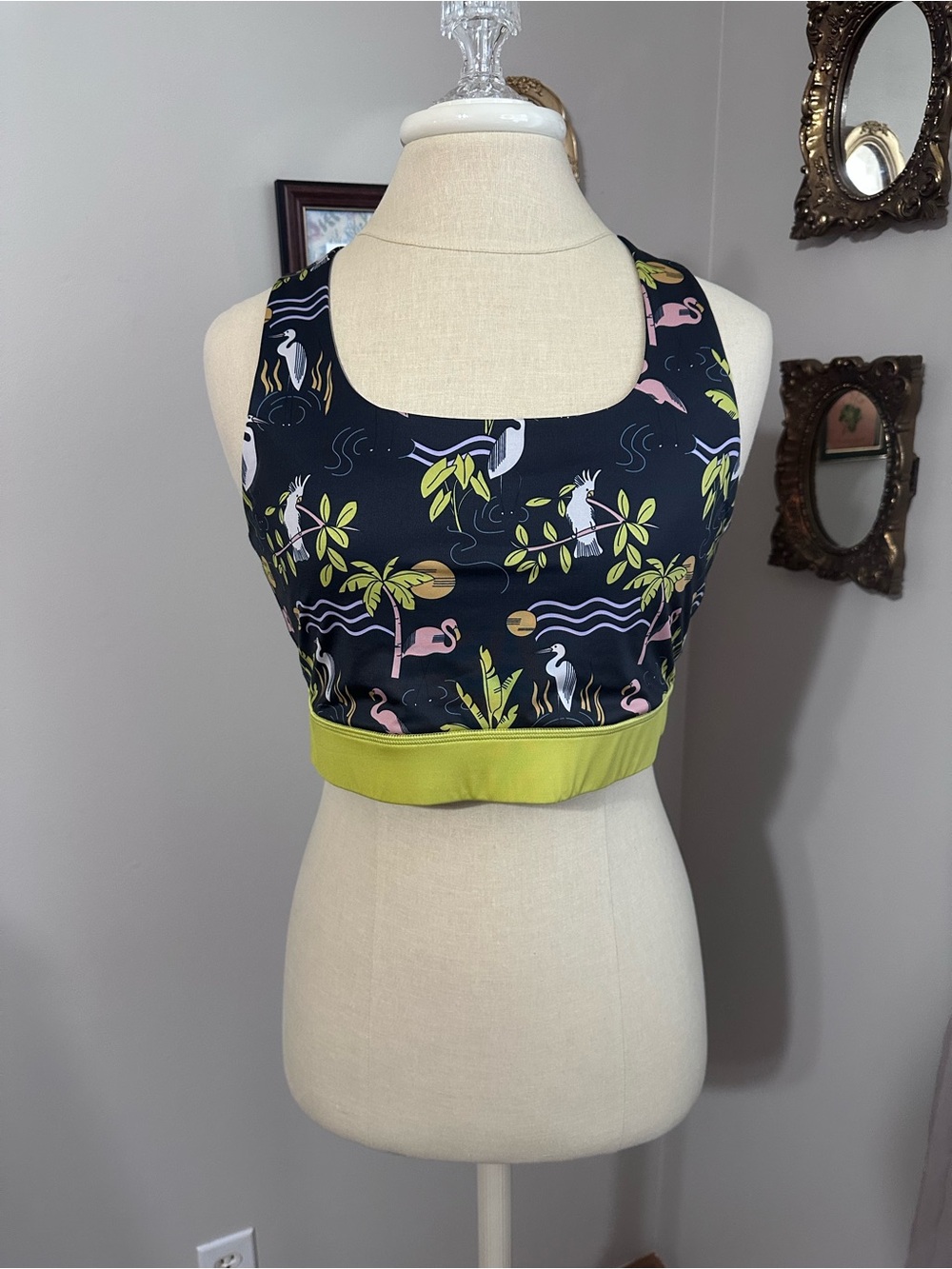 Wild Rye Tropical Print Navy & Lime Deco Flamingo Bird Sports Bra